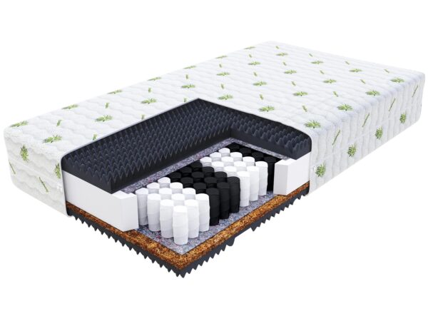 Przekrój materaca ze sprężynami kieszeniowymi i czarną warstwą pianki