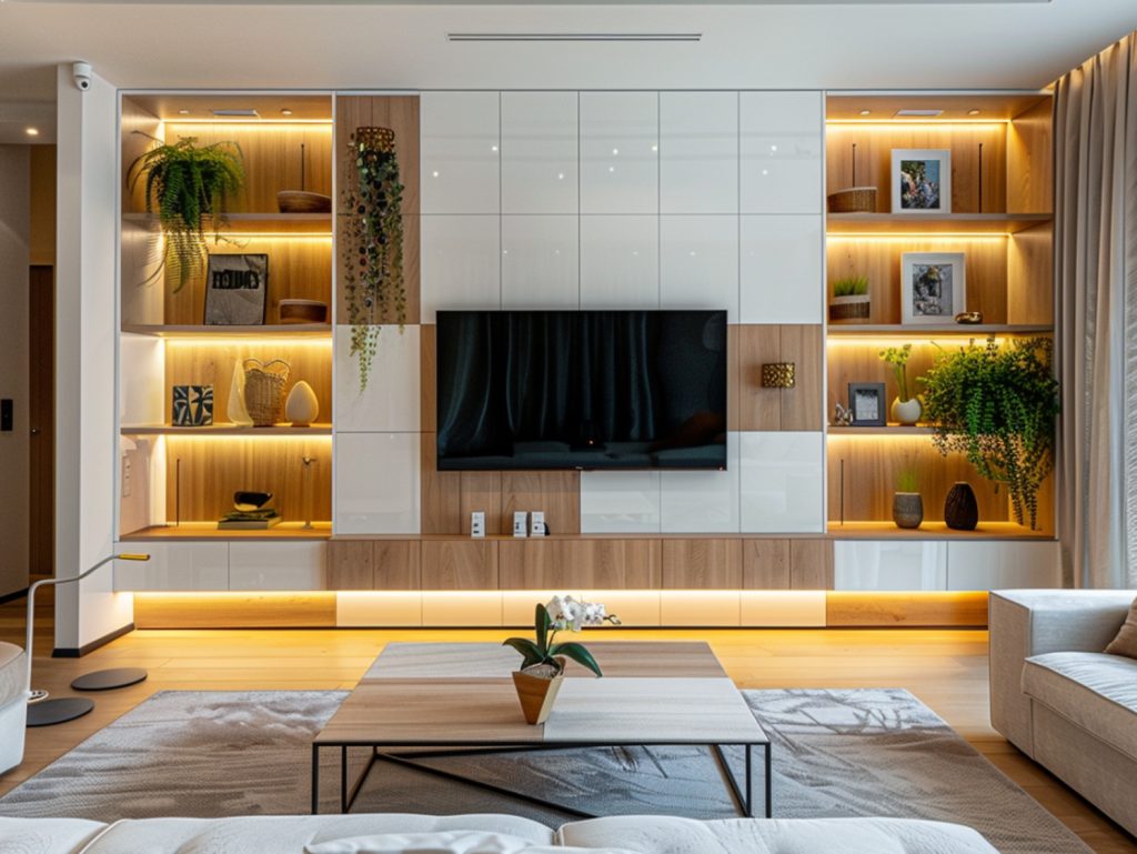 Zabudowa RTV z oświetleniem LED i półkami w stylu nowoczesnym