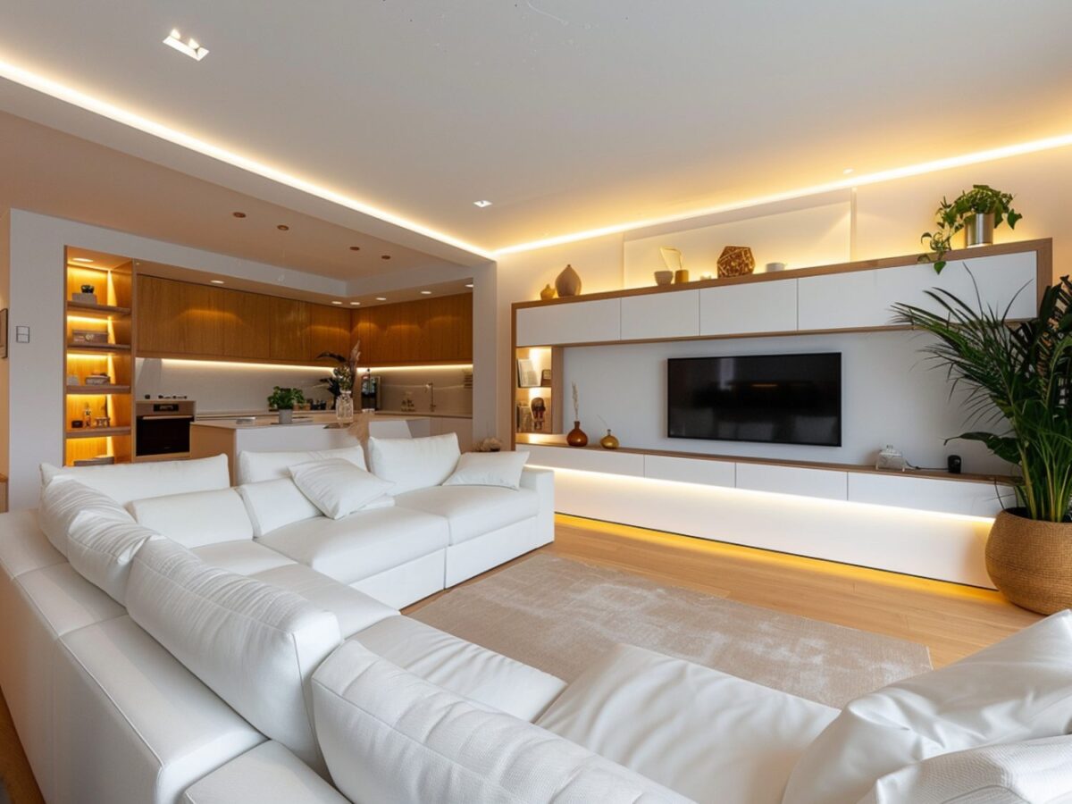 Nowoczesna biała sofa modułowa z oświetleniem LED w salonie