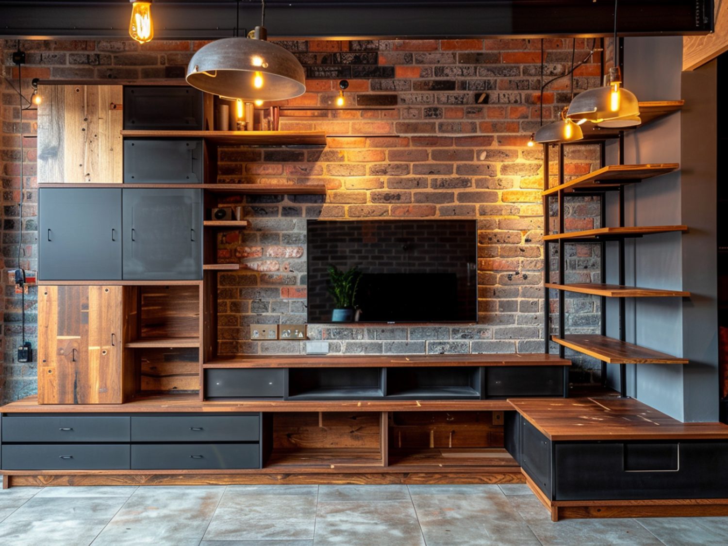 Meble RTV w stylu loftowym z drewnianym blatem i ceglaną ścianą