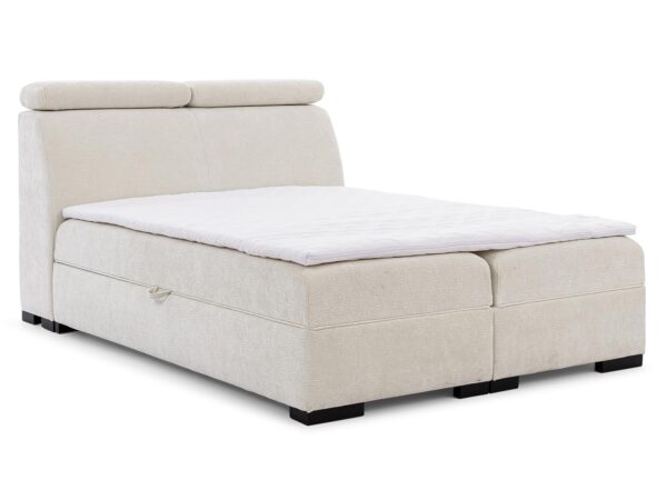 Kremowe łóżko z niskim zagłówkiem i funkcją podnoszenia w stylu funkcjonalnym