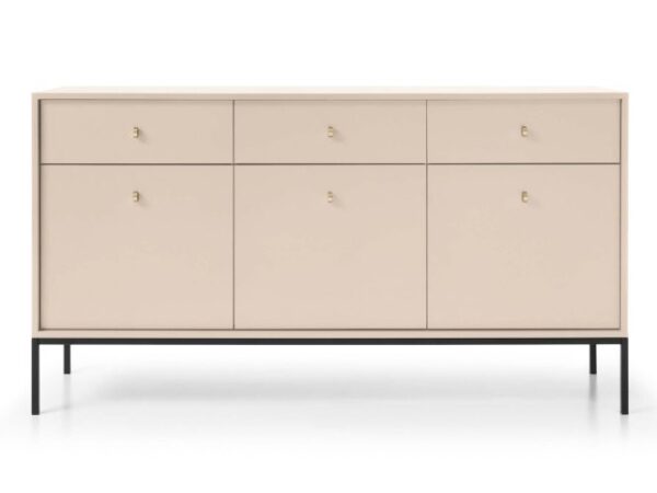 Beżowa komoda z trzema szufladami i szafkami – nowoczesny design na wysokich nóżkach