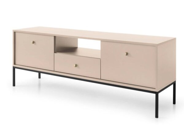 Beżowa szafka RTV z trzema sekcjami – geometryczna forma i złote akcenty