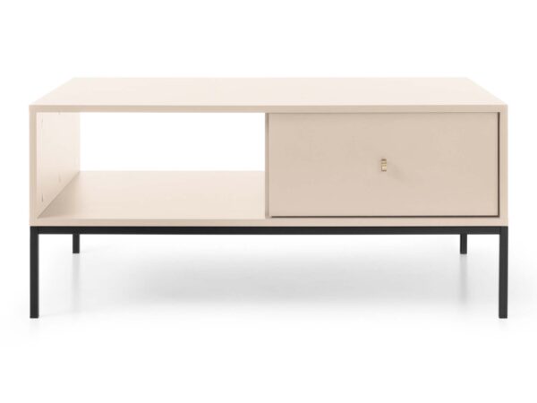 Beżowa szafka RTV z otwartymi półkami i drzwiczkami – geometryczny design