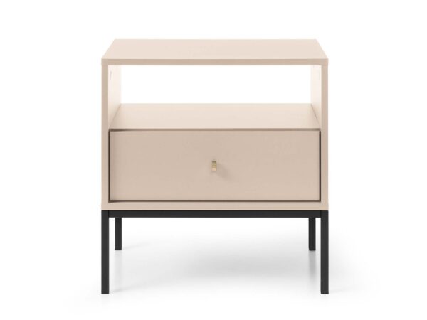 Szafka nocna w kolorze piaskowym z czarną podstawą – nowoczesna forma