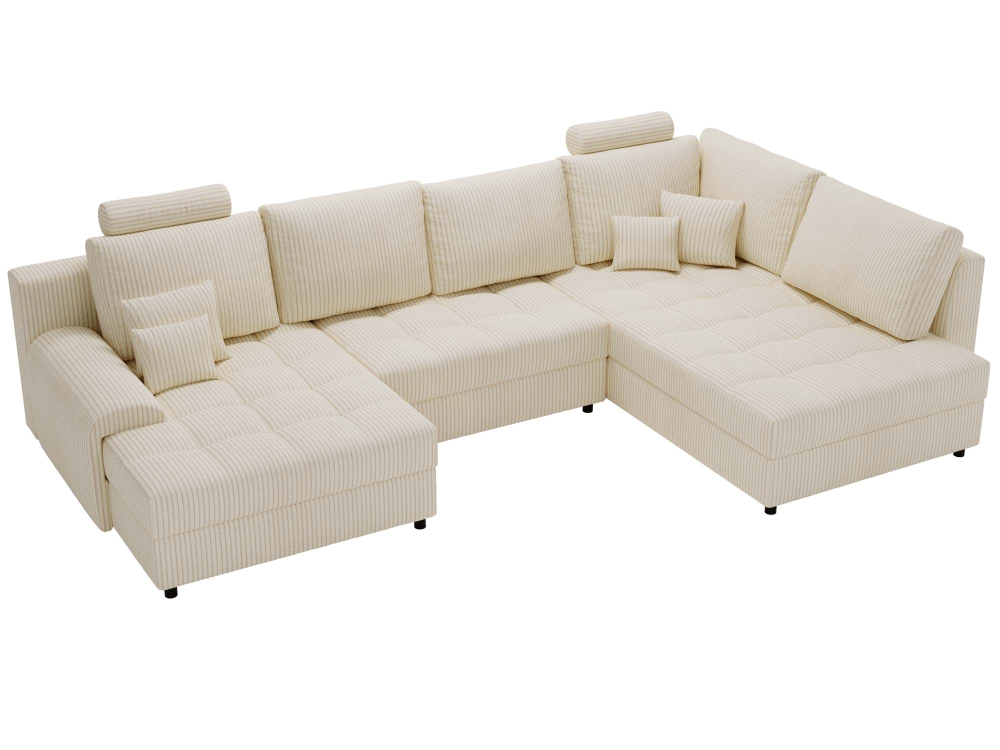 Kremowy narożnik sztruksowy z dużym siedziskiem i zagłówkiem