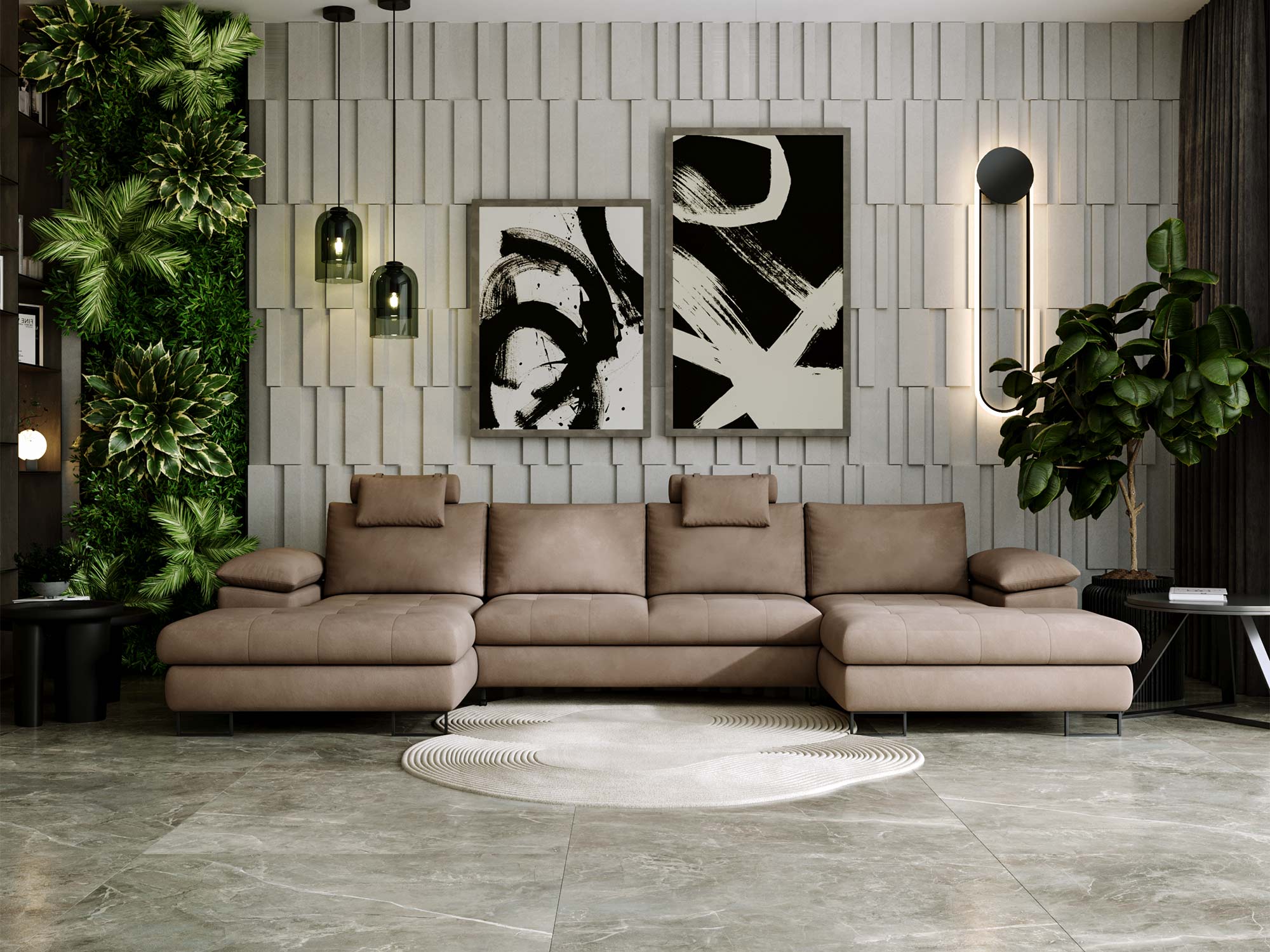 Beżowa sofa narożna z pikowanym siedziskiem i funkcją spania