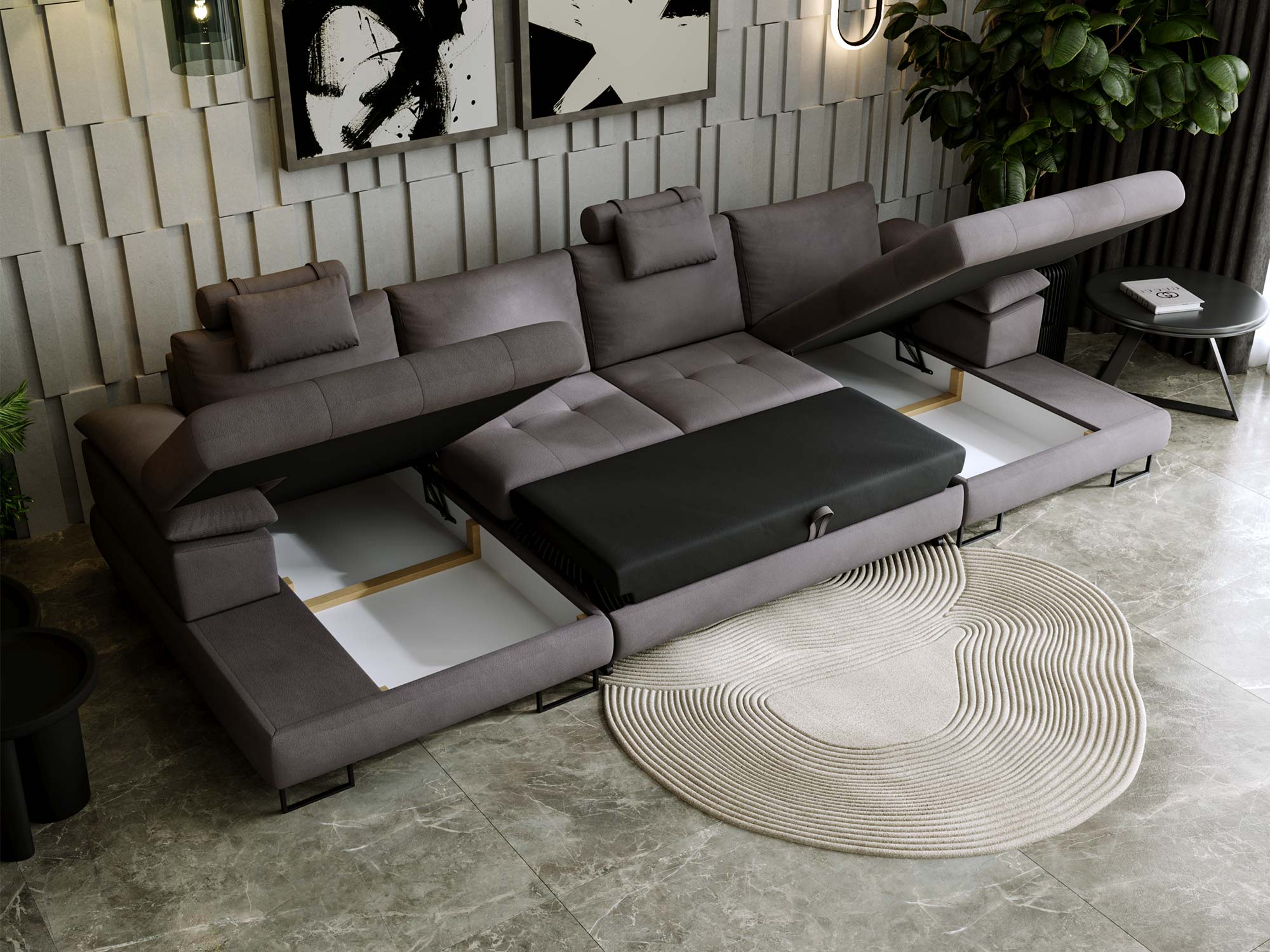 Szara sofa narożna z otwieranym pojemnikiem i szezlongiem