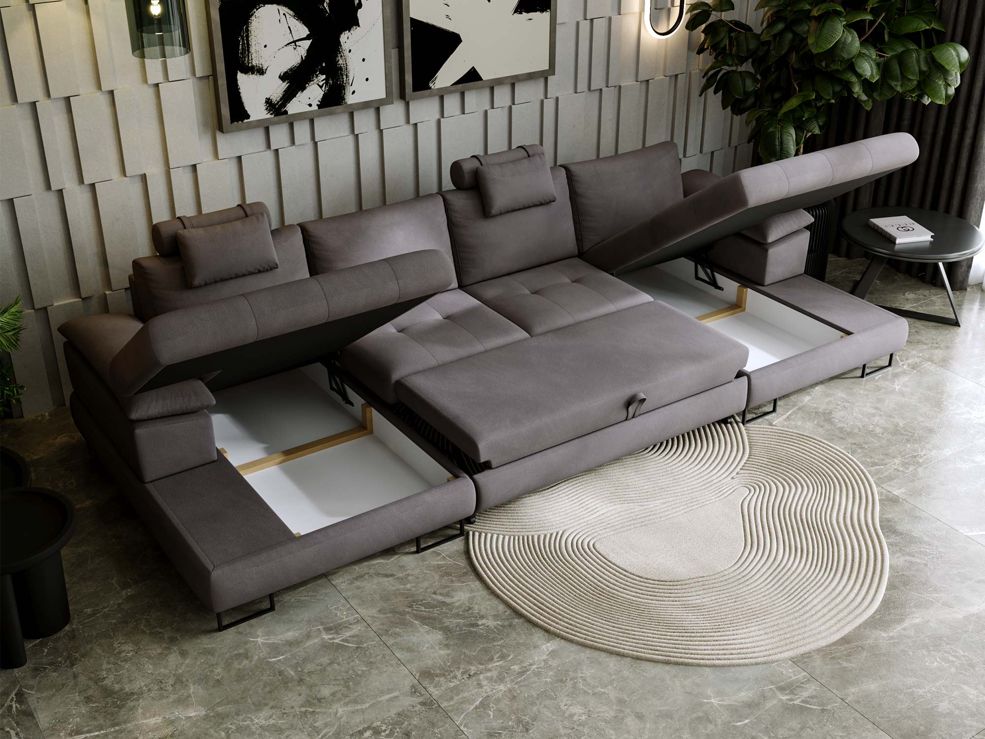 Ciemnoszara sofa narożna z funkcją spania i zagłówkiem w salonie