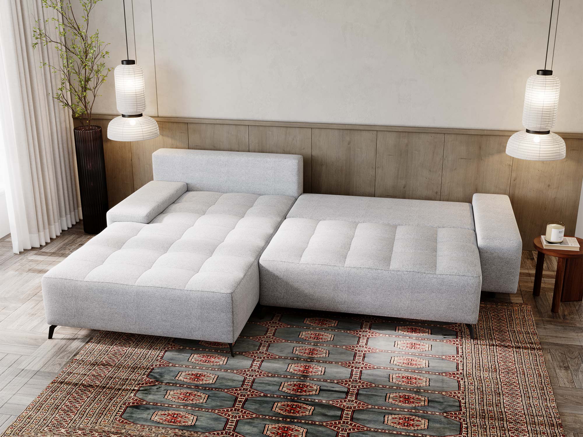 Biała sofa narożna z funkcją spania w aranżacji z dywanem Biała sofa narożna z funkcją spania w aranżacji z dywanem