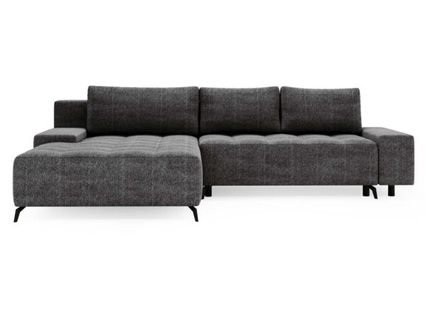 Ciemnoszara sofa narożna z poduchami i nowoczesnym stylem