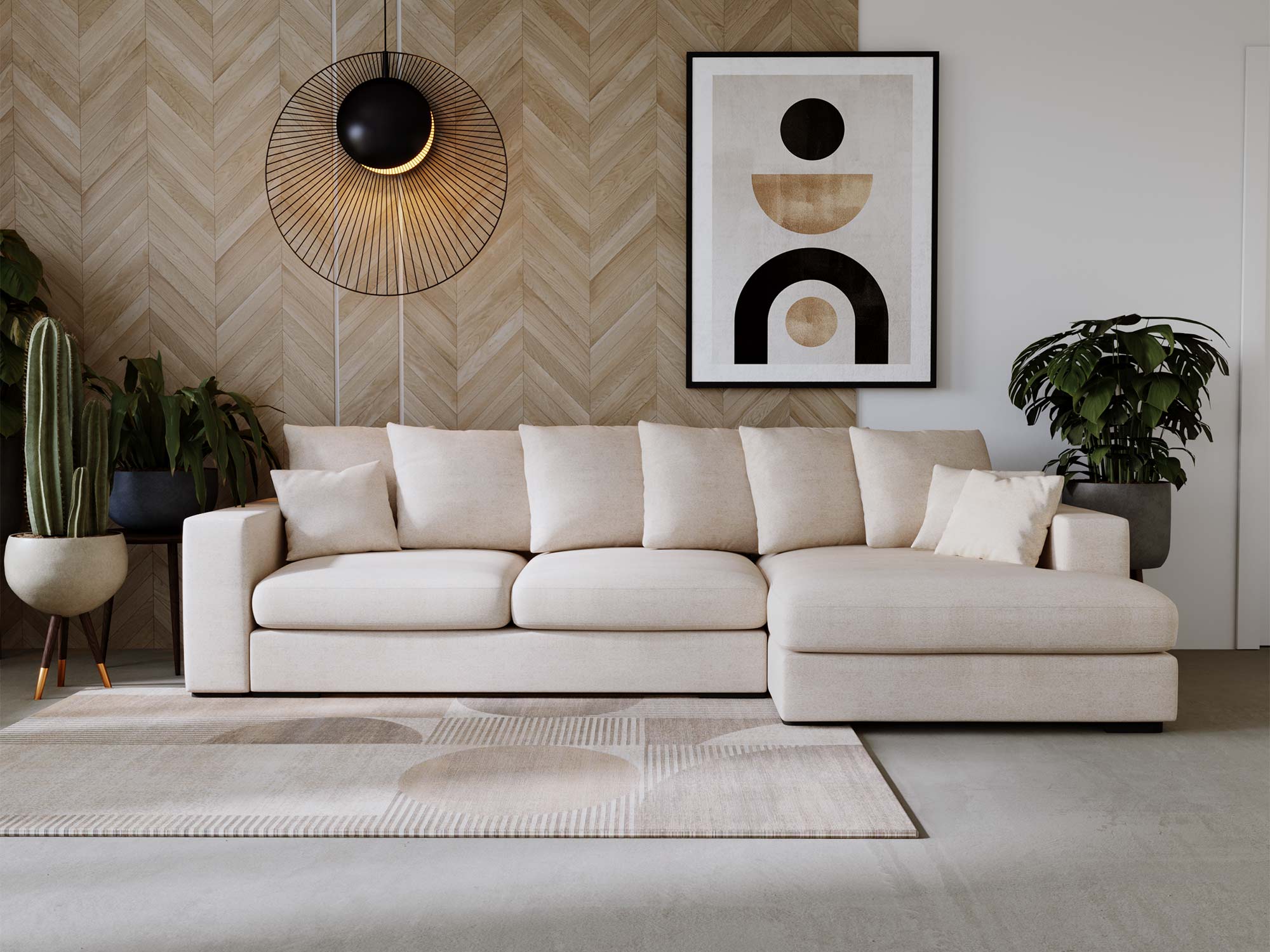 Beżowa sofa z dekoracyjną ścianą i czarnym kinkietem