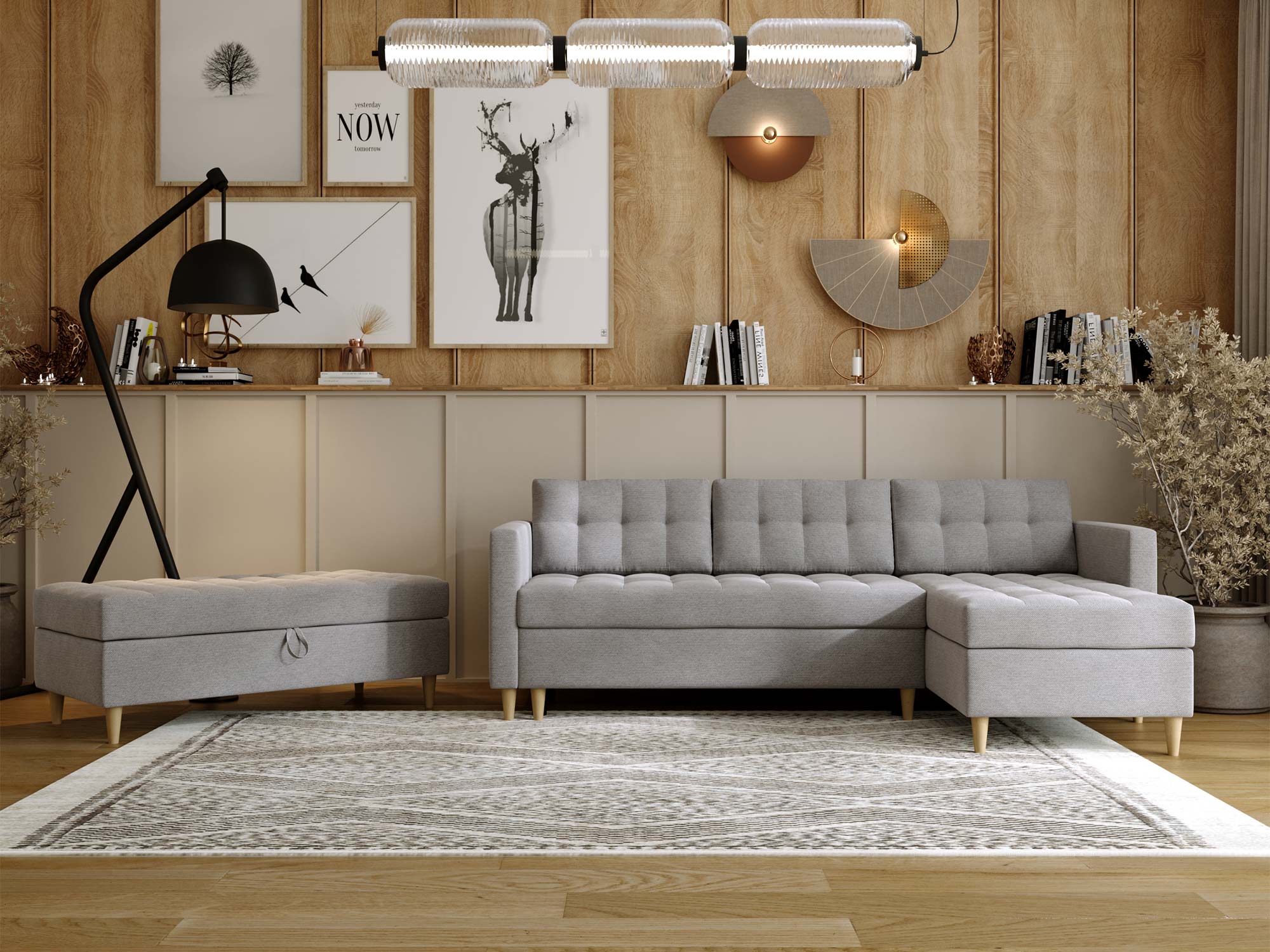 Szary narożnik z guzikami – modern classic, styl hotelowy