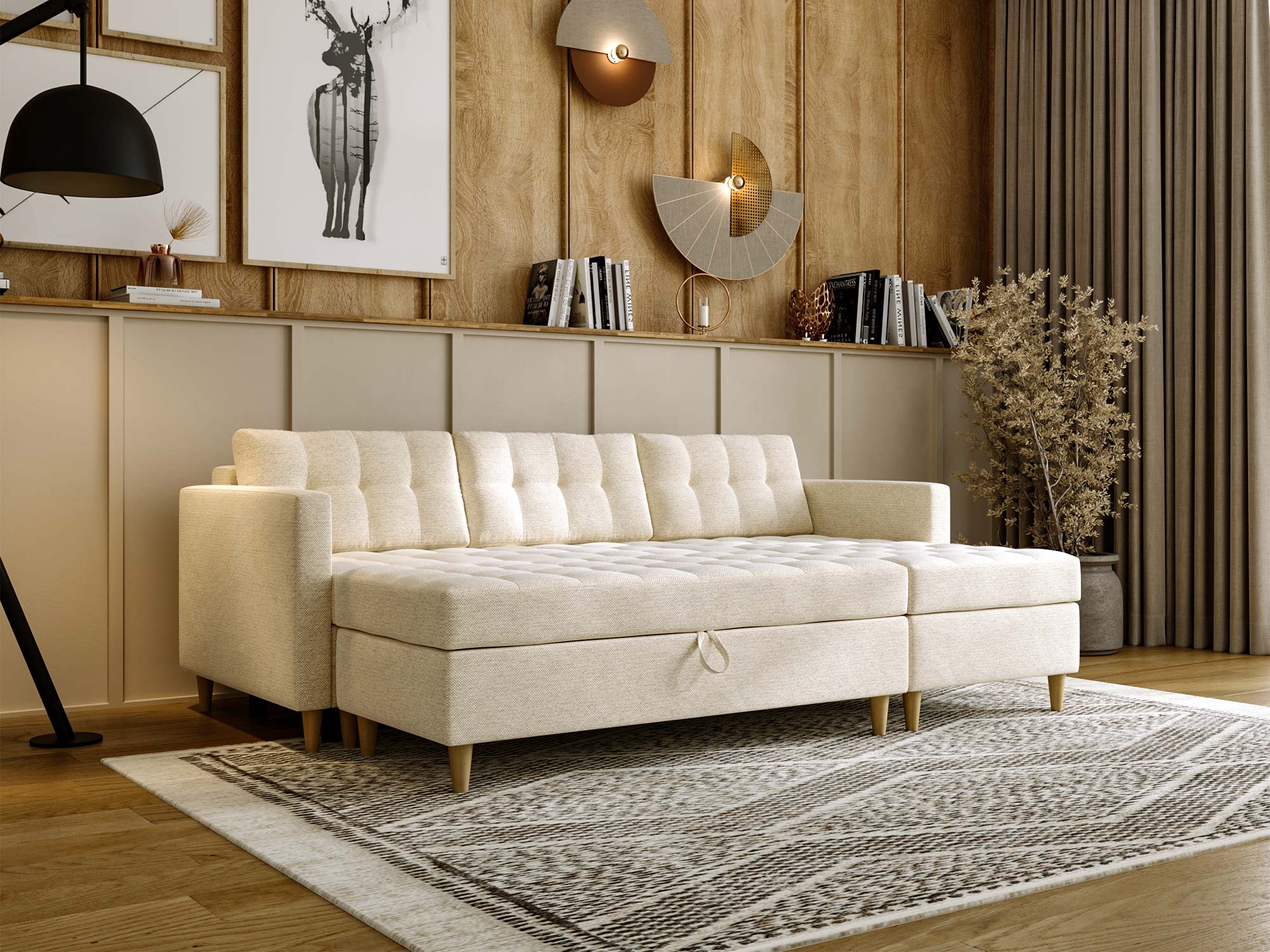 Jasnobeżowy narożnik z przeszyciami – elegancja i komfort w jednym