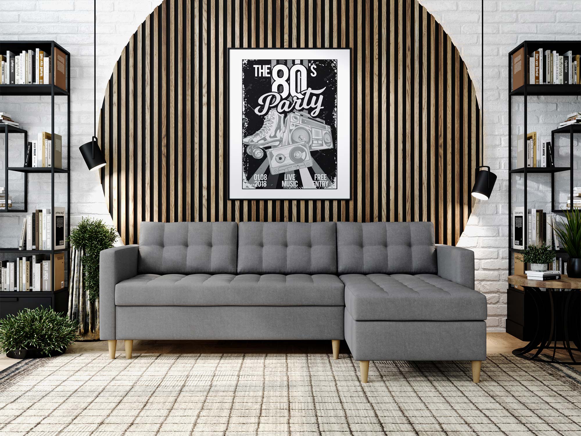 Szara sofa narożna, nowoczesny styl, tapicerowana tkanina