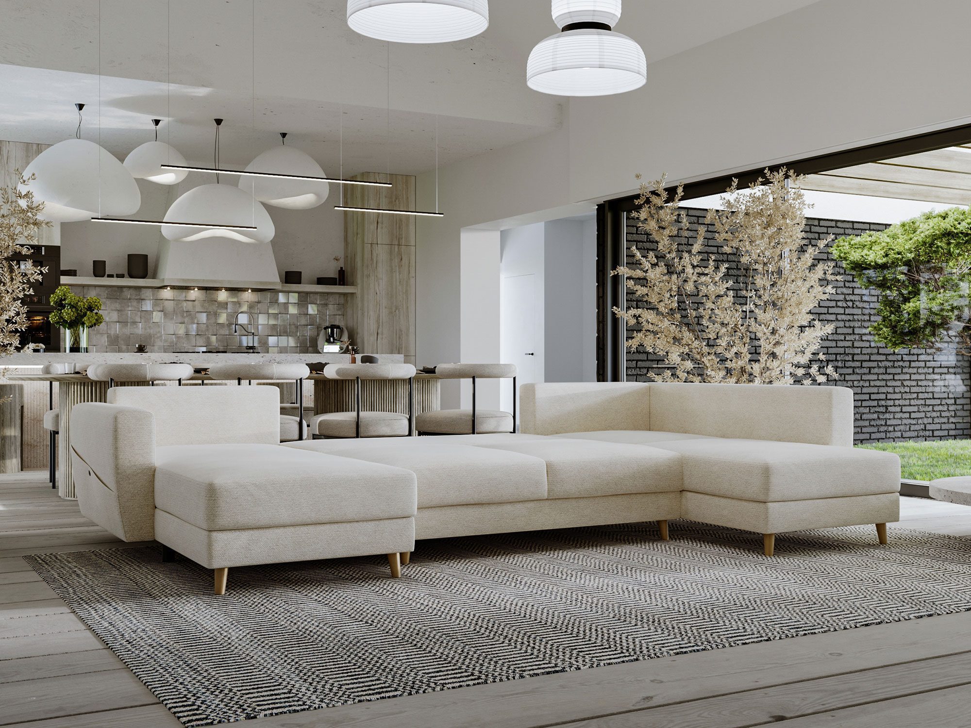 Jasnobeżowy narożnik z miękkim wykończeniem w dużym salonie