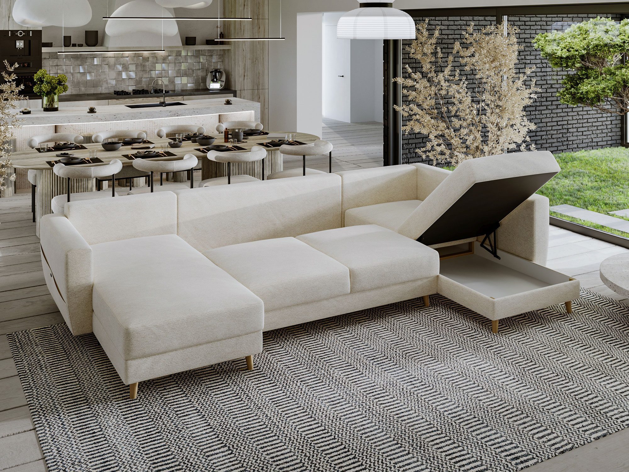 Salon z beżowym narożnikiem i dużym dywanem w stylu nowoczesnym