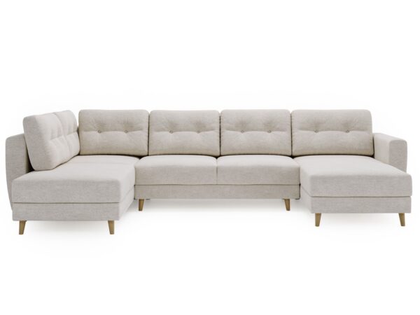 Beżowy narożnik z szezlongiem i pikowanym siedziskiem