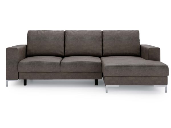 Sofa narożna brązowa z prostą formą i czarną podstawą