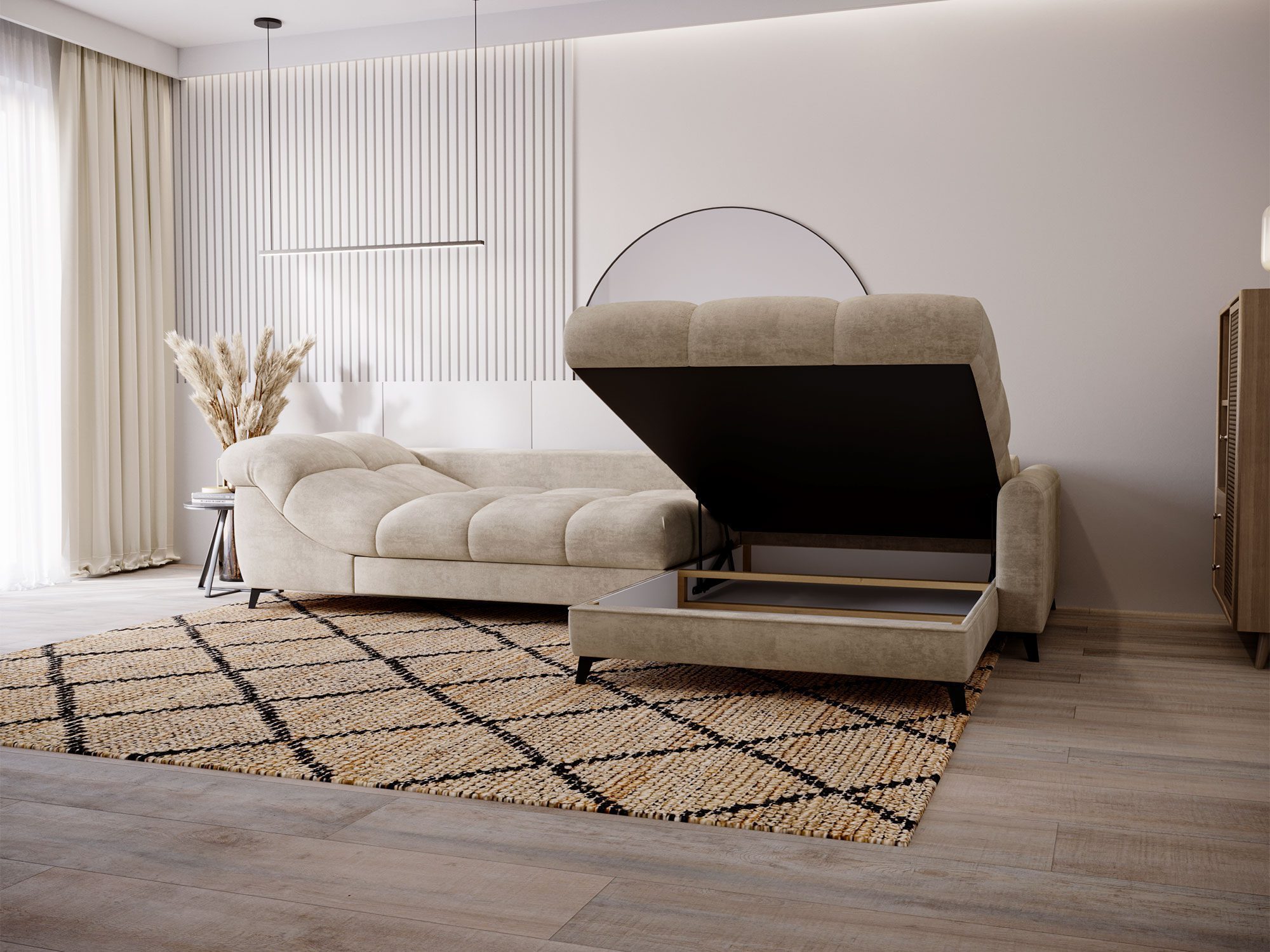 Sofa z pojemnikiem i poduchami, beżowa aranżacja salonu