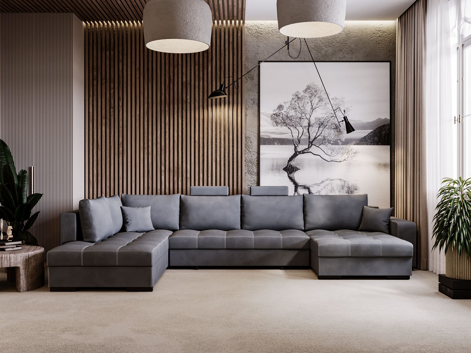 Ciemnoszary narożnik z dekoracyjnymi poduszkami w eleganckim salonie Ciemnoszary narożnik z dekoracyjnymi poduszkami w eleganckim salonie