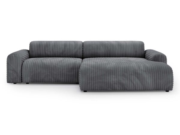 Szary narożnik sztruksowy z szezlongiem i miękkimi podłokietnikami