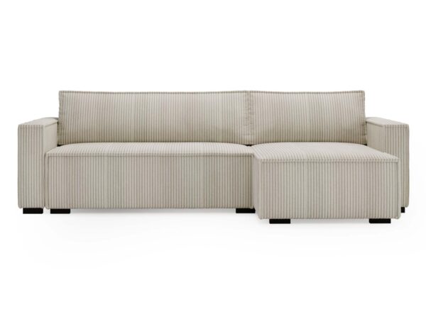 Beżowy narożnik sztruksowy z pufą i czarnymi nóżkami