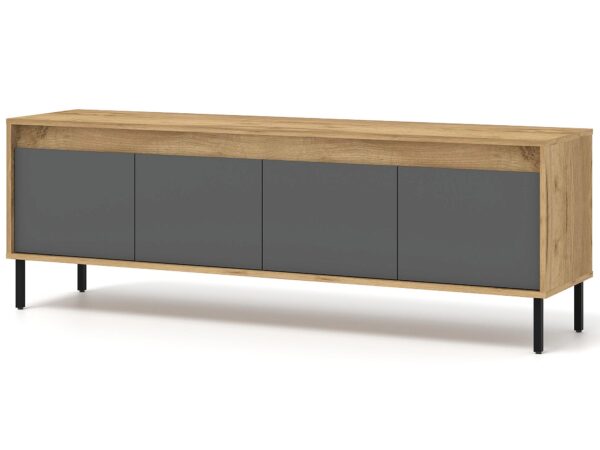 Komoda RTV z czarnym frontem i dębową ramą w stylu loftowym