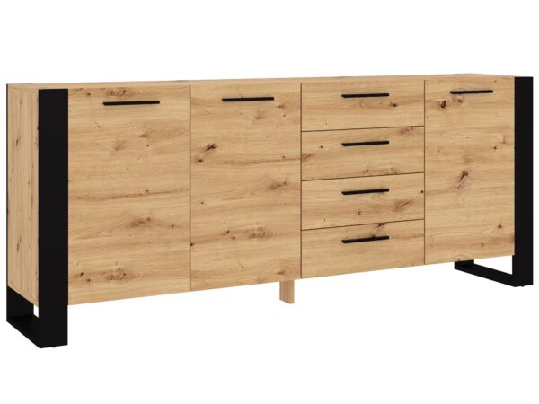 Zbliżenie na otwartą szafkę z dekoracyjnym dekorem dębowym