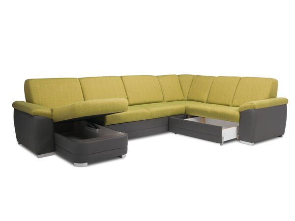 Żółty narożnik z pojemnikami na pościel i schowkiem