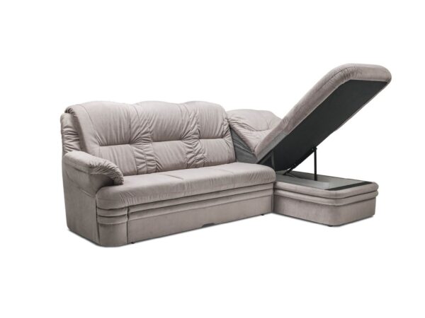 Sofa narożna z podnoszonym siedziskiem i klasyczną formą