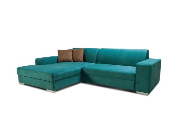 Turkusowy narożnik do salonu z tapicerką i ozdobnymi poduszkami