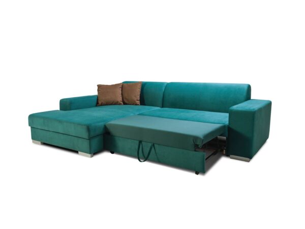 Turkusowy narożnik z wysuwanym siedziskiem i funkcją spania