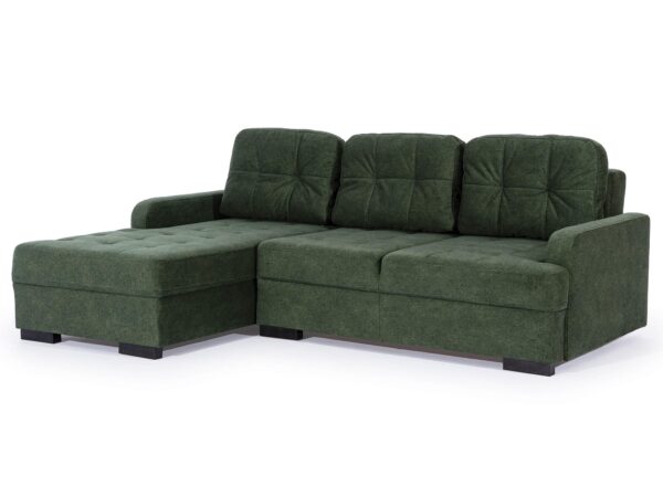 Narożnik tapicerowany w kolorze butelkowej zieleni z oparciem