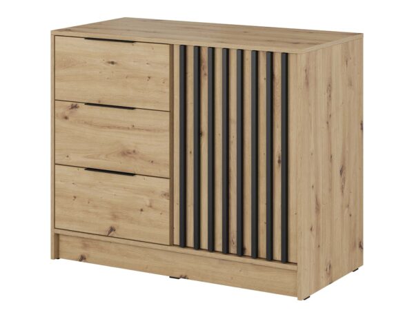 Komoda dębowa z czarnymi lamelami, styl industrialny na białym tle