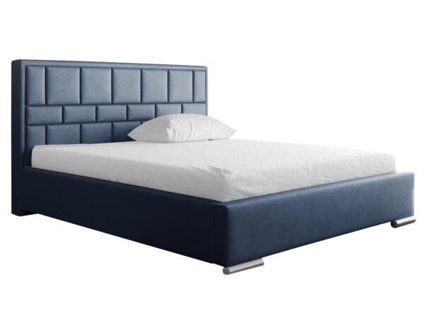 Granatowe łóżko z geometrycznym przeszyciem zagłówka, styl modern classic