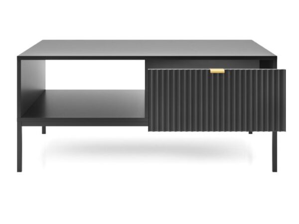 Ciemna szafka RTV z ryflowanym frontem i czarną podstawą – loftowy styl