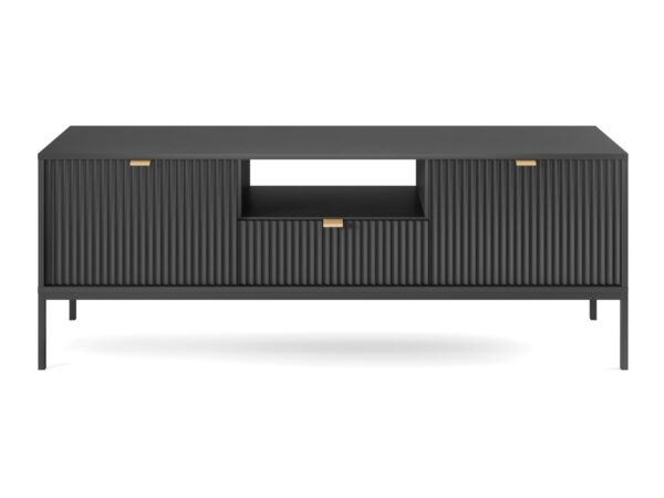 Szafka RTV w czarnym kolorze z pionowym ryflowaniem – nowoczesna elegancja