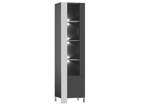 Wąska witryna LED z grafitowym wykończeniem i przeszklonym frontem