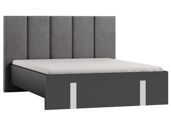 Nowoczesne łóżko z tapicerowanym zagłówkiem i grafitową ramą