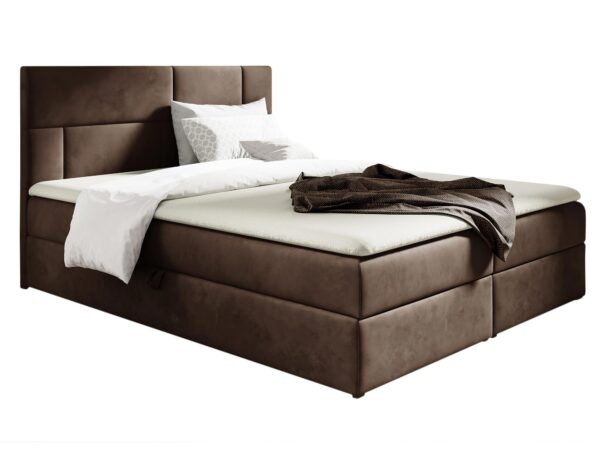 Brązowe łóżko z pikowaniem i prostą bryłą w stylu hotelowym