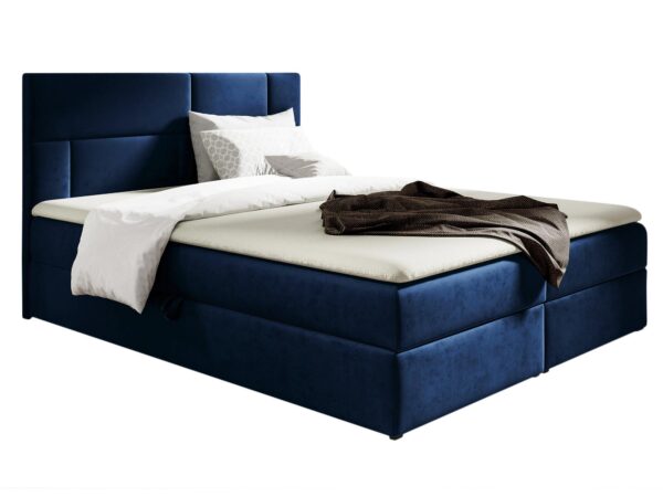 Granatowe łóżko z prostą formą i funkcjonalną podstawą w stylu współczesnym