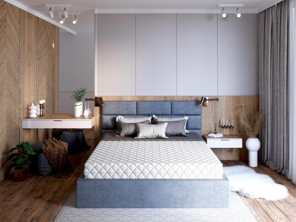 Tapicerowane łóżko z wysokim zagłówkiem i pojemnikiem na pościel