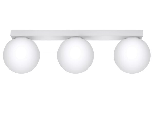 Białe oświetlenie listwowe z kulistymi kloszami w aranżacji sufitowej