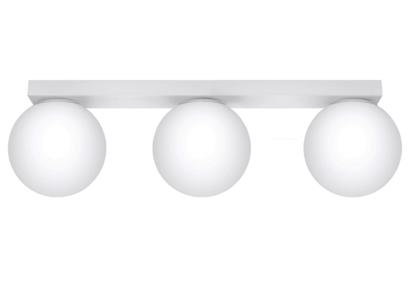 Białe oświetlenie listwowe z kulistymi kloszami w aranżacji sufitowej