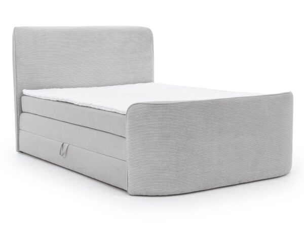 Jasnoszare łóżko z prostą formą i materacem w stylu minimalistycznym