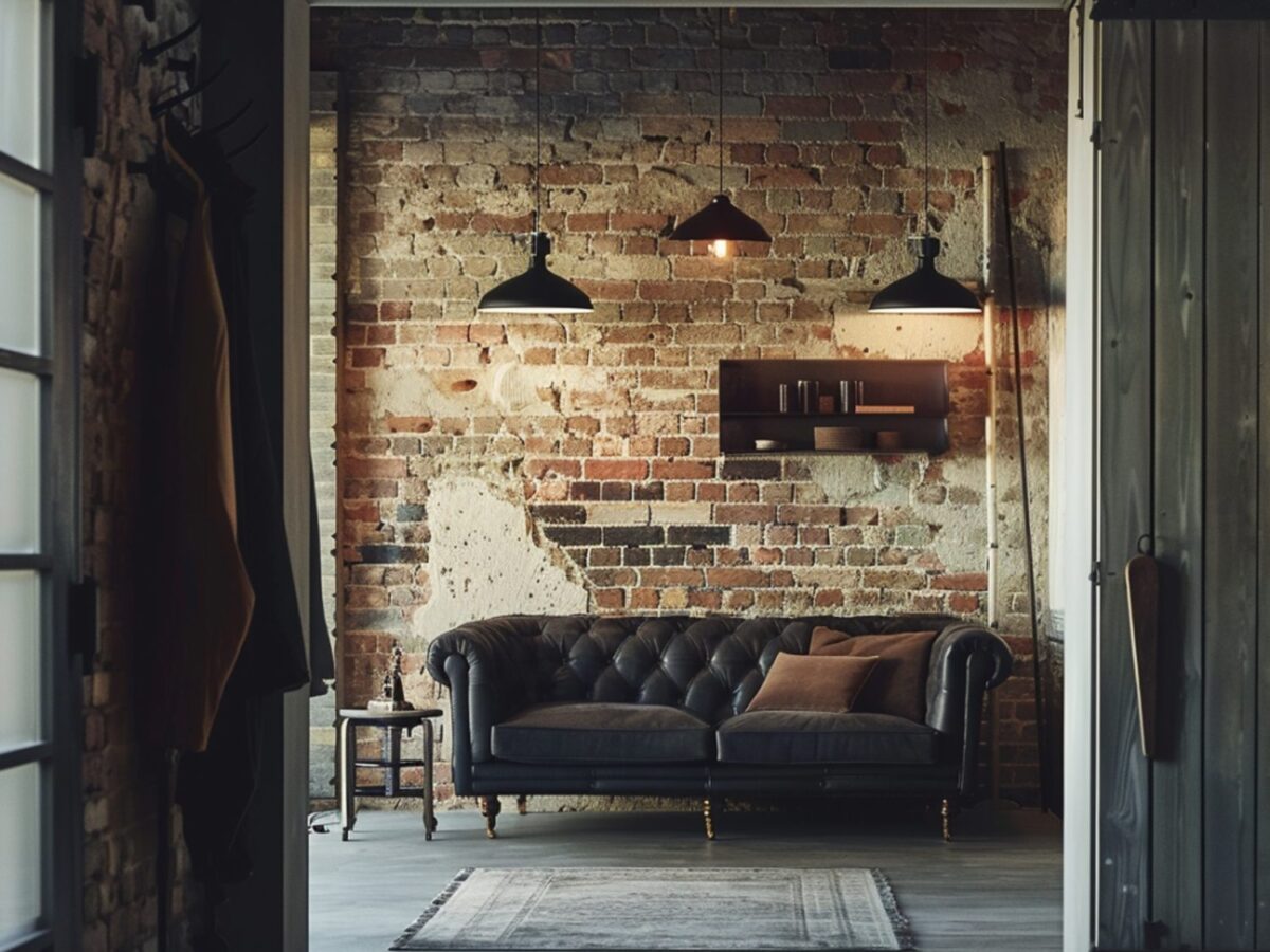 Skórzana sofa i fotel w loftowym salonie z cegłą i czarnymi lampami