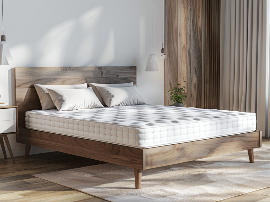 Drewniane łóżko dębowe w jasnej sypialni w stylu naturalnym