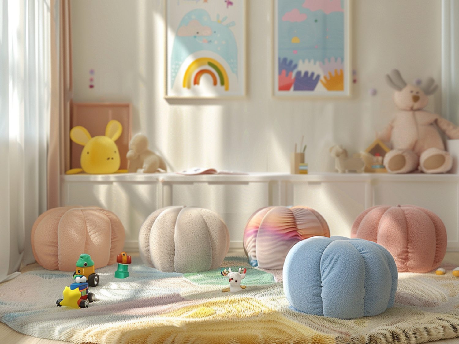 Dywanik z miękkimi pufami dla dzieci w jasnym pokoju zabaw