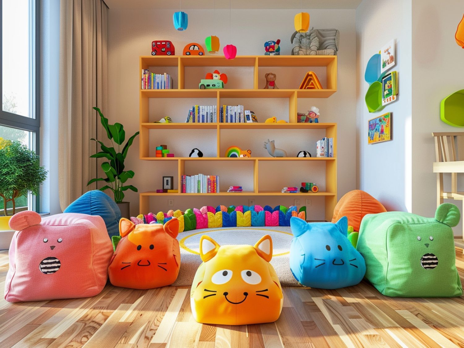 Kolorowe pufy zwierzątka w pokoju dziecięcym w stylu skandynawskim